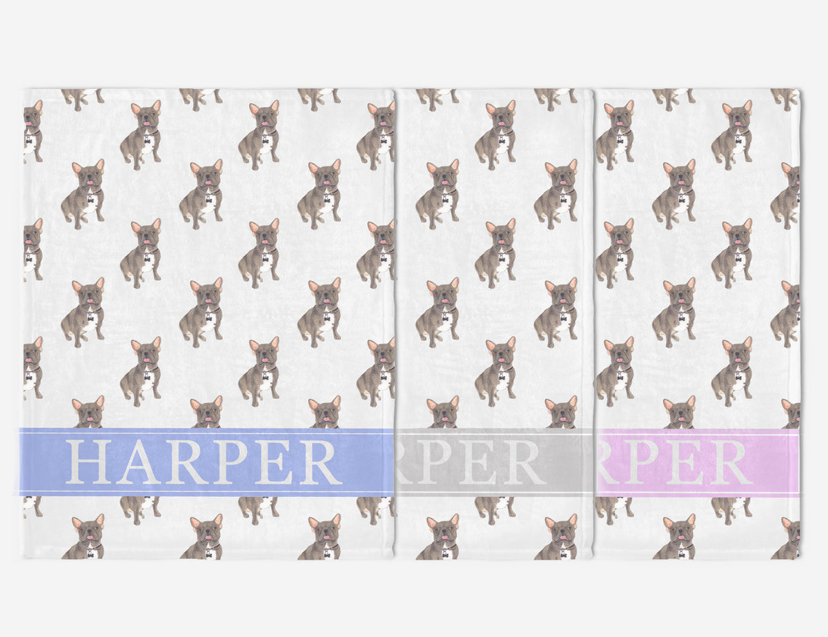 Personalized Frenchie (Blue Lilac Silver Grey) Dog Minky Baby Blanket