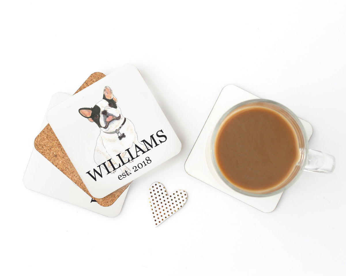 Personalized French Bulldog (White / Pied) Cork Back Coasters